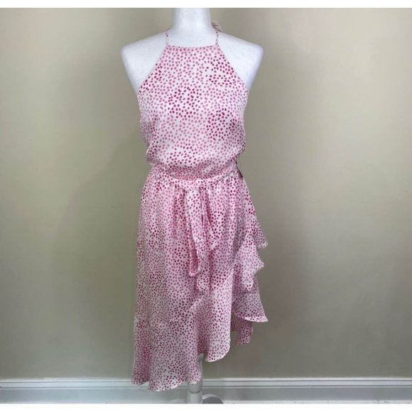 Express Pink Dot High Neck Halter Ruffle Asymmetrical Dress Waist Tie Size Small - Picture 1 of 10